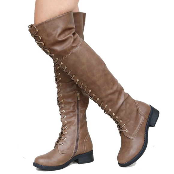 New Taupe Over Knee Combat Military Lace Up Boots - Picture 2 of 3